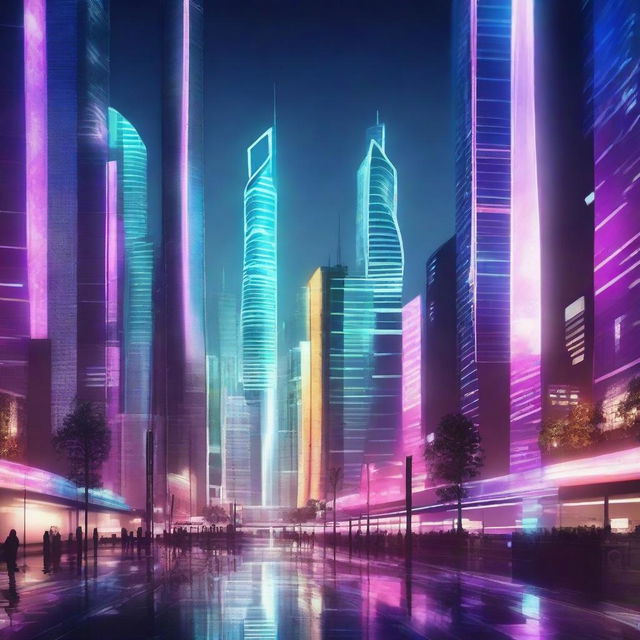 Create an image of a high-tech futuristic cityscape at night