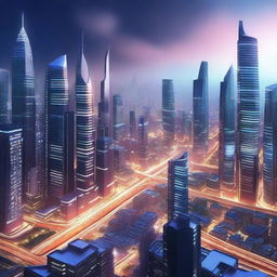 Create an image of a high-tech futuristic cityscape at night