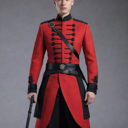 A striking red uniform with black accents, featuring intricate detailing of included weapons