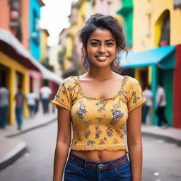 A 24-year-old Mexican woman, short in height, with dark skin and a large bust