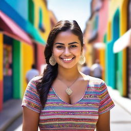 A 24-year-old Mexican woman, short in height, with dark skin and a large bust