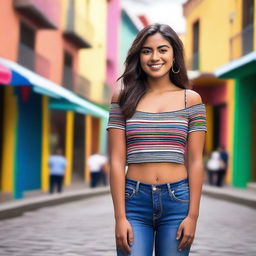 A 24-year-old Mexican woman, short in height, with dark skin and a large bust