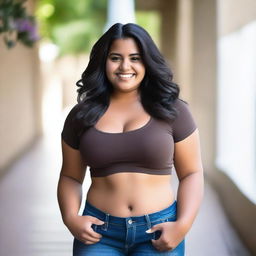 A 24-year-old Mexican woman of short stature, with dark skin tone, a 34DD bust, and slightly overweight