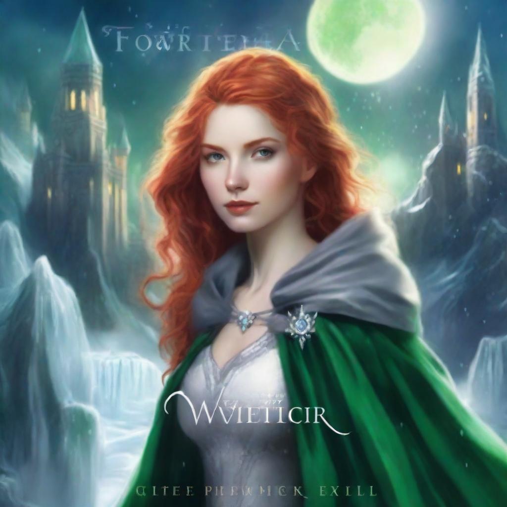 A book cover features a young woman with bright red hair and intense green eyes, dressed in a silver cloak