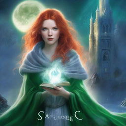 A book cover features a young woman with bright red hair and intense green eyes, dressed in a silver cloak