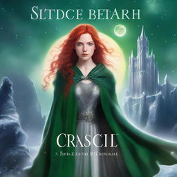 A book cover features a young woman with bright red hair and intense green eyes, dressed in a silver cloak