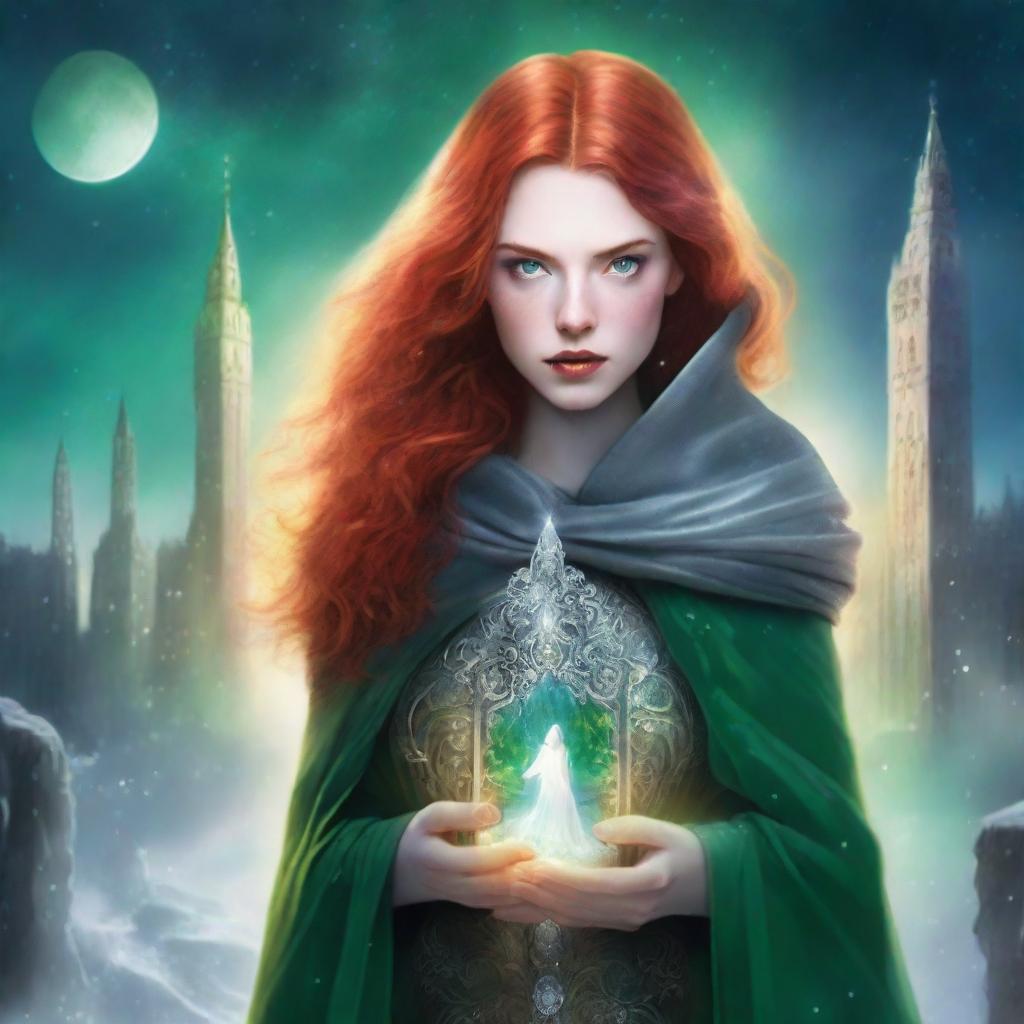 A book cover features a young woman with bright red hair and intense green eyes, dressed in a silver cloak