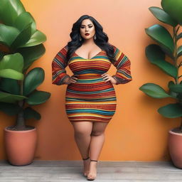 A stunning curvy girl with Mexican heritage, wearing fashionable and stylish clothes that highlight her curves