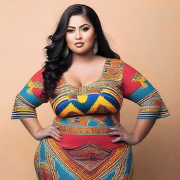 A stunning curvy girl with Mexican heritage, wearing fashionable and stylish clothes that highlight her curves