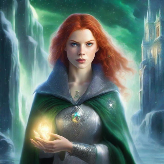 A book cover features a young woman with bright red hair and intense green eyes, dressed in a silver cloak