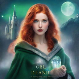 A book cover features a young woman with bright red hair and intense green eyes, dressed in a silver cloak