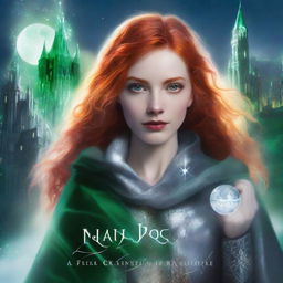 A book cover features a young woman with bright red hair and intense green eyes, dressed in a silver cloak