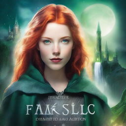 A book cover features a young woman with bright red hair and intense green eyes, dressed in a silver cloak