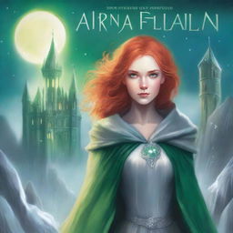 An illustrated book cover features a young woman with bright red hair and intense green eyes, dressed in a silver cloak