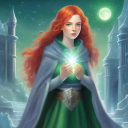 An illustrated book cover features a young woman with bright red hair and intense green eyes, dressed in a silver cloak