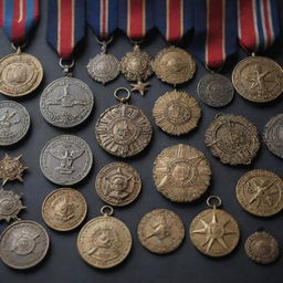 A collection of attention-grabbing, fictitious military medals, each with unique designs and intricate details for character inspiration