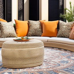 Outdoor seating arrangement conceptualized from the elegance of Arabic design and lines, incorporating luxurious cushions, robust geometric motifs, and elaborate patterns in rich hues.