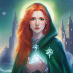 An illustrated book cover features a young woman with bright red hair and intense green eyes, dressed in a silver cloak