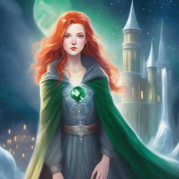 An illustrated book cover features a young woman with bright red hair and intense green eyes, dressed in a silver cloak