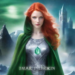 Create an ebook cover: The cover features a young woman with bright red hair and intense green eyes, dressed in a silver cloak