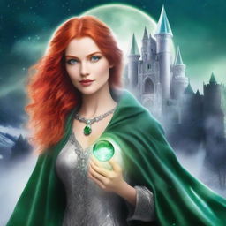 Create an ebook cover: The cover features a young woman with bright red hair and intense green eyes, dressed in a silver cloak