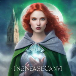 Create an ebook cover: The cover features a young woman with bright red hair and intense green eyes, dressed in a silver cloak