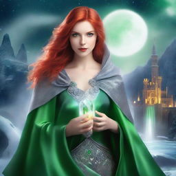 Create an ebook cover: The cover features a young woman with bright red hair and intense green eyes, dressed in a silver cloak