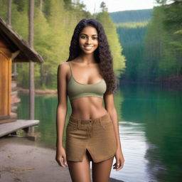 Create a 24-year-old woman with brown skin and Latino features, of short stature, wearing a tight-fitting outfit with a miniskirt