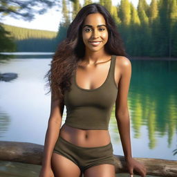 Create a 24-year-old woman with brown skin and Latino features, of short stature, wearing a tight-fitting outfit with a miniskirt