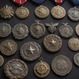 A collection of attention-grabbing, fictitious military medals, each with unique designs and intricate details for character inspiration