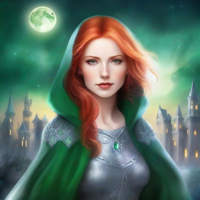 Create a high-quality, illustrated ebook cover: The cover features a young woman with bright red hair and intense green eyes, dressed in a silver cloak