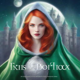 Create a high-quality, illustrated ebook cover: The cover features a young woman with bright red hair and intense green eyes, dressed in a silver cloak