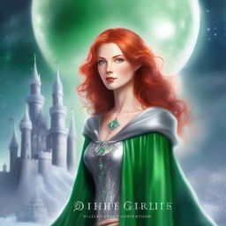 Create a high-quality, illustrated ebook cover: The cover features a young woman with bright red hair and intense green eyes, dressed in a silver cloak