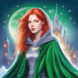 Create a high-quality, illustrated ebook cover: The cover features a young woman with bright red hair and intense green eyes, dressed in a silver cloak