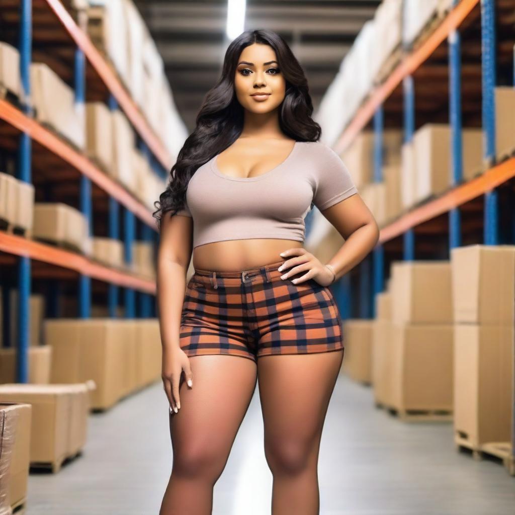 Create a 24-year-old woman with brown skin and Latino features, of short stature and curvy figure, wearing a tight-fitting outfit with a miniskirt