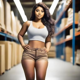 Create a 24-year-old woman with brown skin and Latino features, of short stature and curvy figure, wearing a tight-fitting outfit with a miniskirt