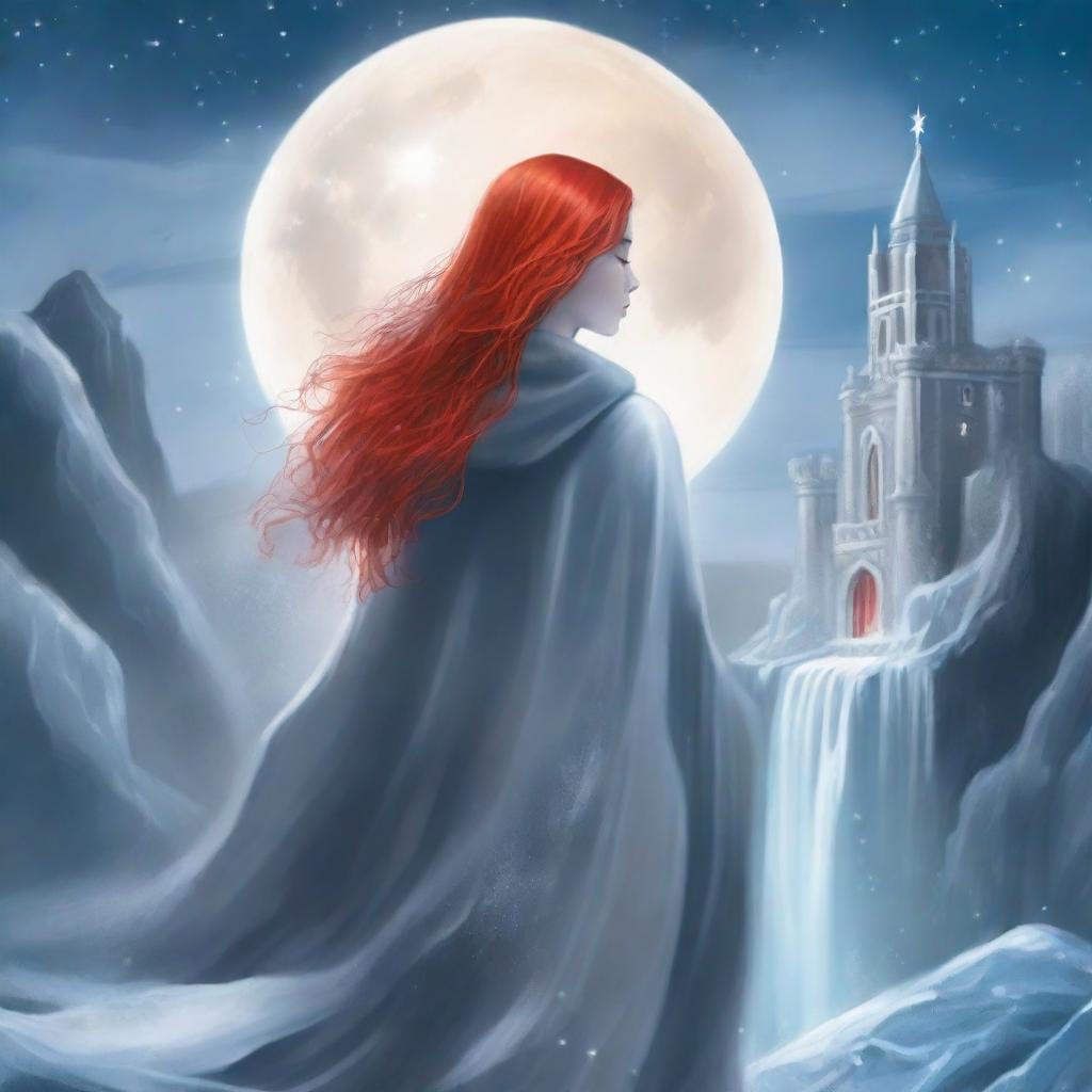 Create a high-quality, illustrated ebook cover: The cover features a young woman shown from the back, displaying only her bright red hair cascading down