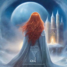 A book cover shows a young woman from behind, her bright red hair cascading in waves over a silver cloak