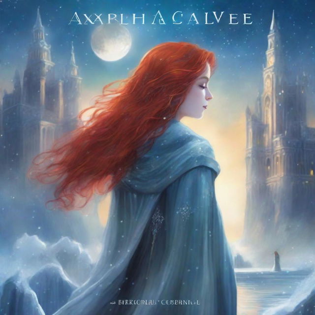 A book cover shows a young woman from behind, her bright red hair cascading in waves over a silver cloak