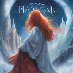 A book cover shows a young woman from behind, her bright red hair cascading in waves over a silver cloak