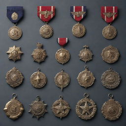 A collection of attention-grabbing, fictitious military medals, each with unique designs and intricate details for character inspiration