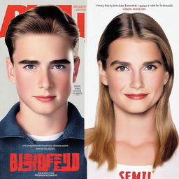 Create a book cover featuring Henry Bowers, the school bully from the movie It, alongside teenage Brooke Shields