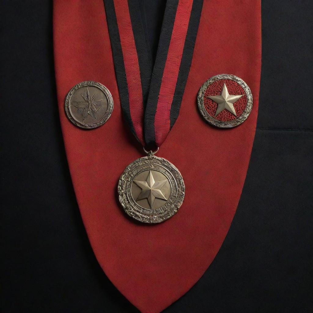 Conceptual designs of unique medals on a striking red uniform with black accents, creating a fascinating interplay for character inspiration