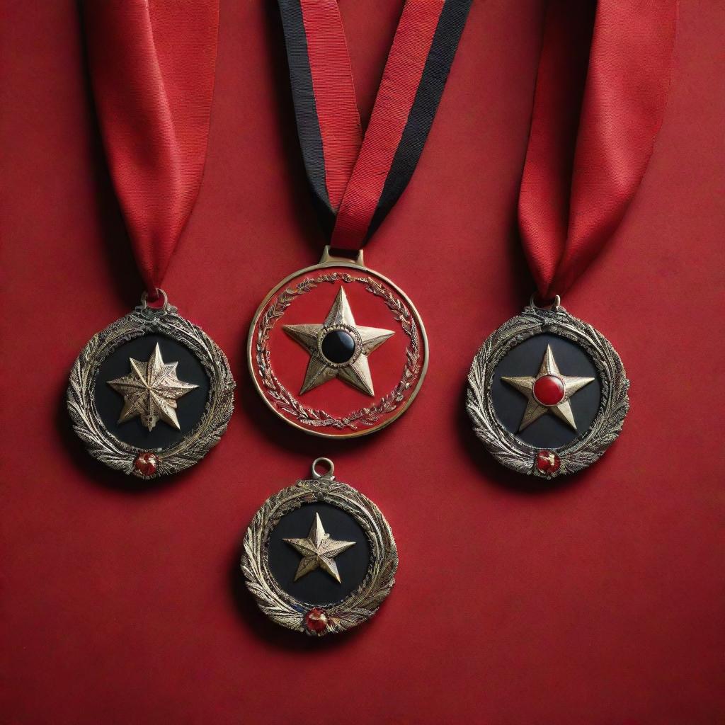 Conceptual designs of unique medals on a striking red uniform with black accents, creating a fascinating interplay for character inspiration