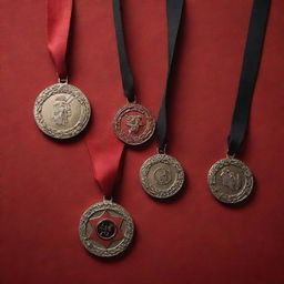 Conceptual designs of unique medals on a striking red uniform with black accents, creating a fascinating interplay for character inspiration