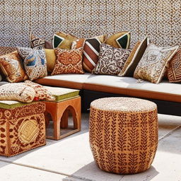 Outdoor seating arrangement conceptualized from the elegance of Arabic design and lines, incorporating luxurious cushions, robust geometric motifs, and elaborate patterns in rich hues.