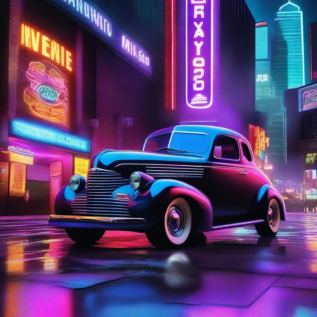 A 1939 Chevy coupe modified with large truck tires, set in a vibrant cyberpunk cityscape