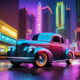 A 1939 Chevy coupe modified with large truck tires, set in a vibrant cyberpunk cityscape