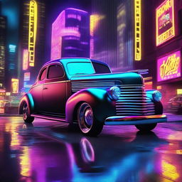 A 1939 Chevy coupe modified with large truck tires, set in a vibrant cyberpunk cityscape