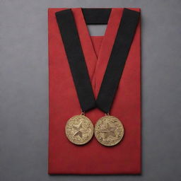 Conceptual designs of unique medals on a striking red uniform with black accents, creating a fascinating interplay for character inspiration